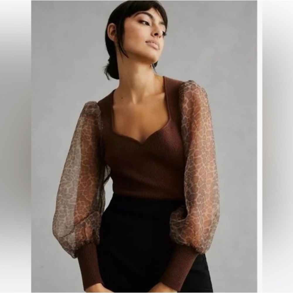 Dolan Brown Sweater with Sheer Animal Print Sleeves size Small